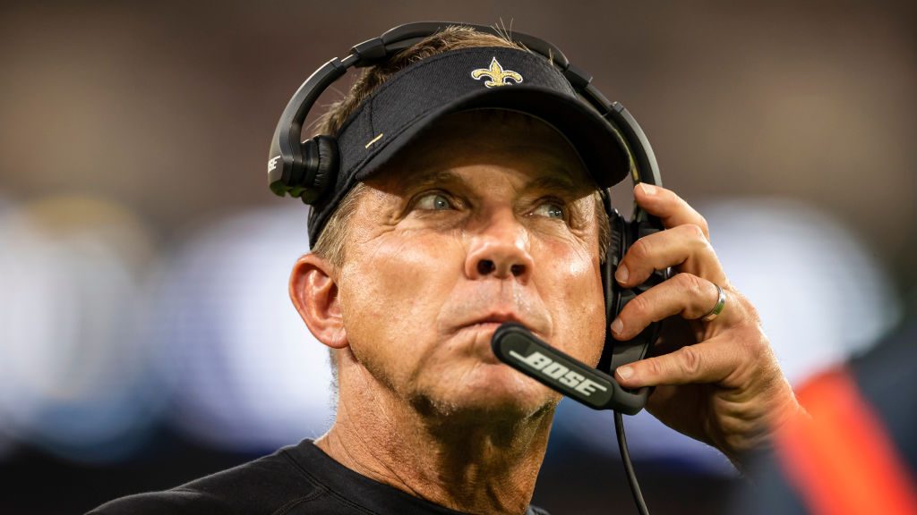 Head coach Sean Payton of the New Orleans Saints looks on during the first half of a preseason game...