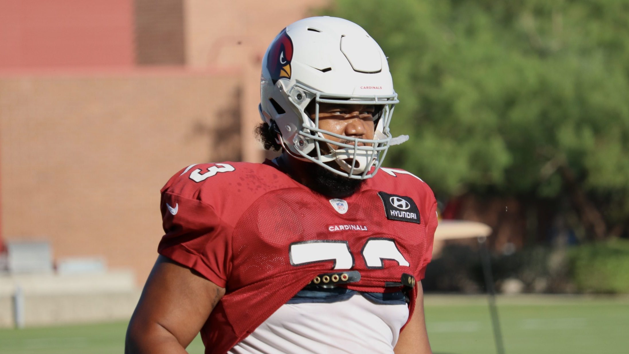 Cardinals OL Max Garcia warms up ahead of practice Thursday, Sept. 16, 2021, in Tempe. (Tyler Drake...