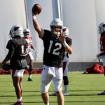 Cardinals QB Colt McCoy tosses a pass during practice Thursday, Sept. 16, 2021, in Tempe. (Tyler Drake/Arizona Sports)