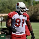 Cardinals DL Michael Dogbe looks on during practice Wednesday, Sept. 8, 2021, in Tempe. (Tyler Drake/Arizona Sports)