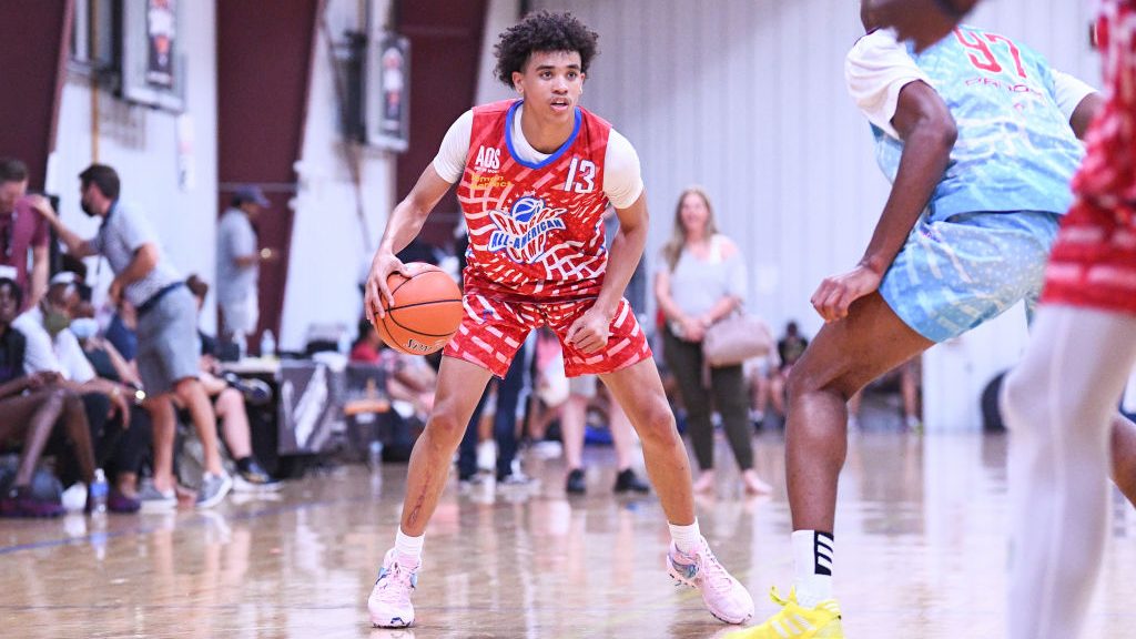 Austin Nunez dribbles up the court during the Pangos All-American Camp on June 7, 2021 at the Tarka...