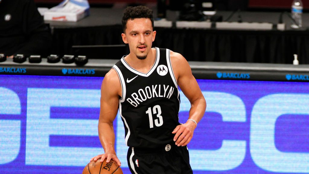 Landry Shamet #13 of the Brooklyn Nets dribbles during the second half against the Atlanta Hawks at...