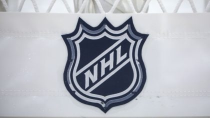 A view of the NHL logo on the back of the net during the second intermission between the Ottawa Sen...