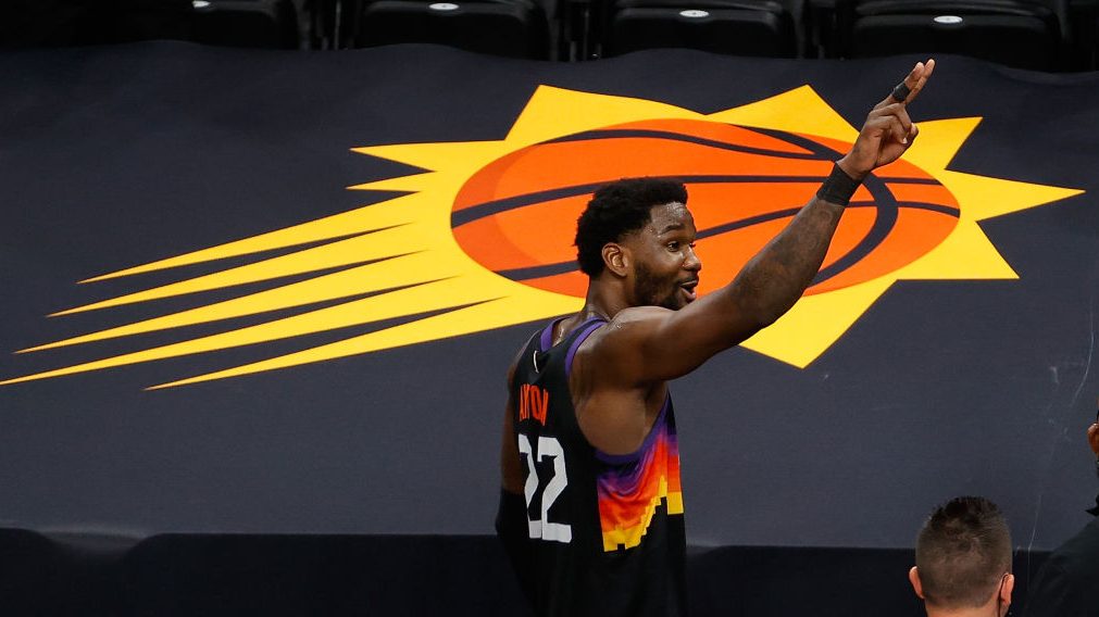 Deandre Ayton #22 of the Phoenix Suns reacts to fans as he exits game two of the Western Conference...