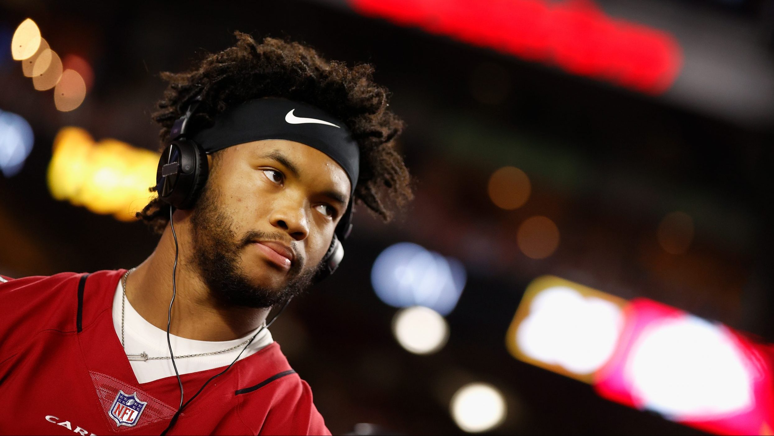 Quarterback Kyler Murray #1 of the Arizona Cardinals stands on the sidelines during the second half...