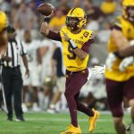 Quarterback Jayden Daniels #5 of the Arizona State Sun Devils throws a pass during the first half of the NCAAF game against the Colorado Buffaloes at Sun Devil Stadium on September 25, 2021 in Tempe, Arizona. (Photo by Christian Petersen/Getty Images)