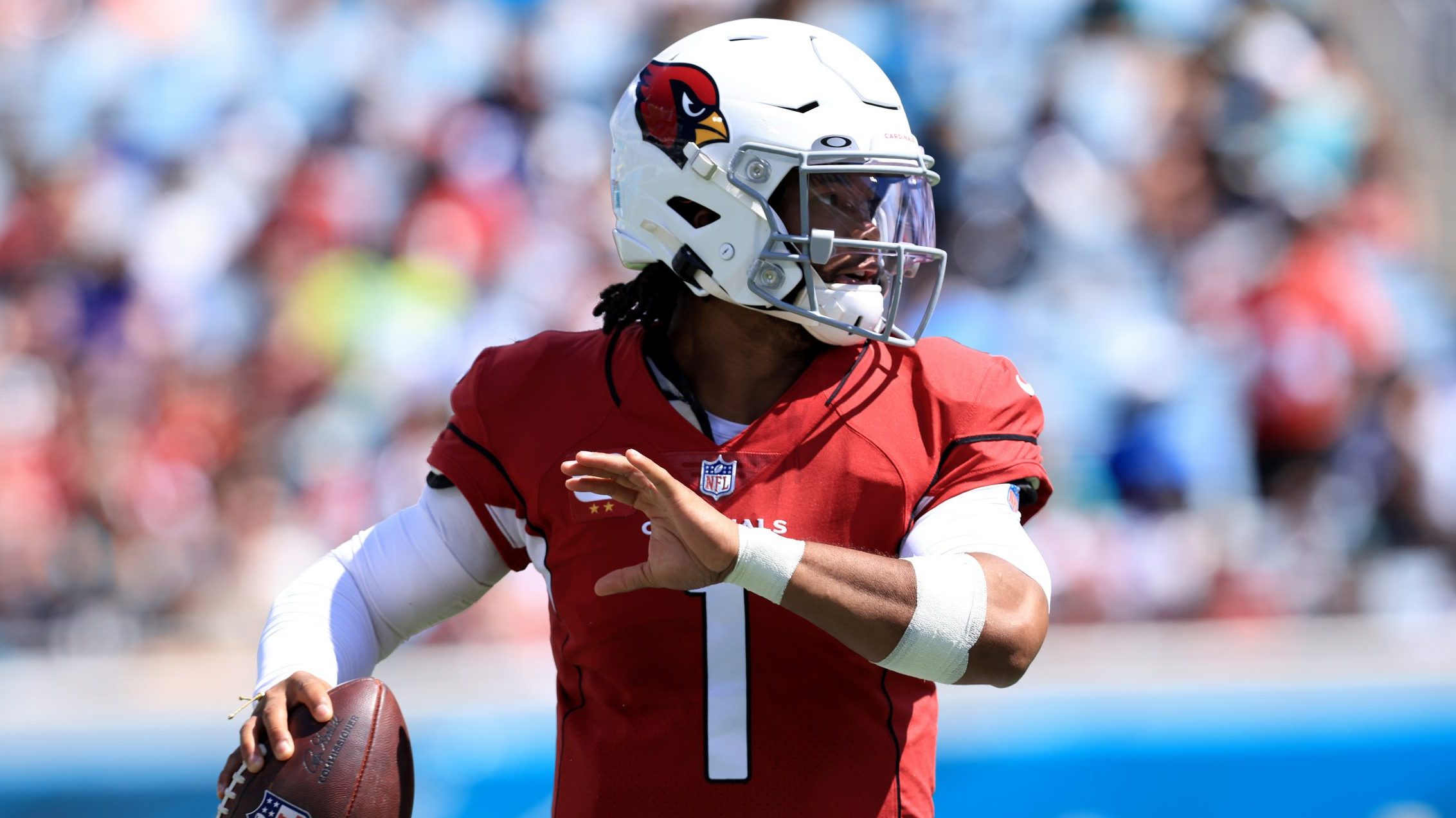 Kyler Murray #1 of the Arizona Cardinals attempts a pass during the game against the Jacksonville J...