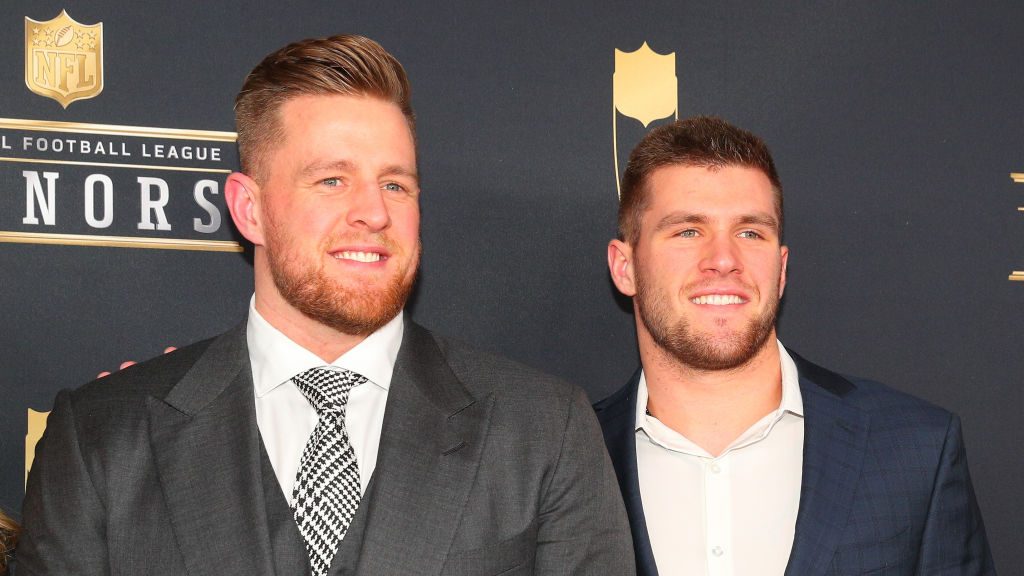 MINNEAPOLIS, MN - FEBRUARY 03:   JJ Watt and his brother TJ Watt pose for Photographs on the Red Ca...