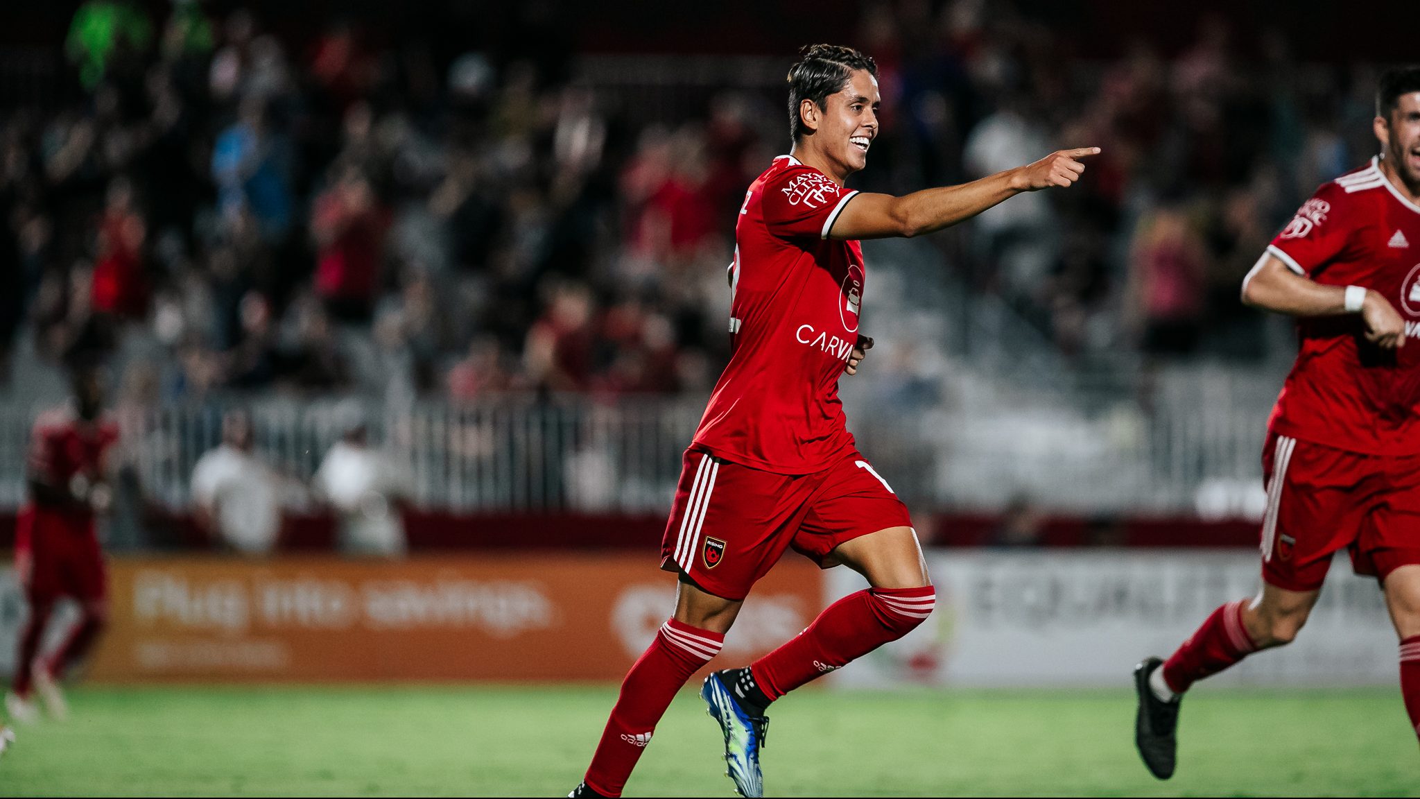 Phoenix Rising FC midfielder Arturo Rodriguez celebrates scoring a goal in PRFC's 4-1 win over Las ...