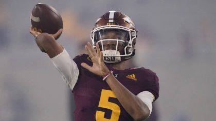 Arizona State quarterback Jayden Daniels (5) warms up prior to an NCAA college football game agains...