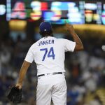 Los Angeles Dodgers relief pitcher Kenley Jansen (74) reacts after a 5-3 win over the Arizona Diamondbacks in a baseball game Wednesday, Sept. 15, 2021, in Los Angeles. (AP Photo/Ashley Landis)