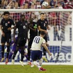 United States forward Christian Pulisic (10) takes a shot that goes over the net during the second half of a World Cup soccer qualifier against Canada Sunday, Sept. 5, 2021, in Nashville, Tenn. (AP Photo/Mark Humphrey)