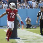 Arizona Cardinals wide receiver Christian Kirk celebrates after scoring a touchdown against the Tennessee Titans in the second half of an NFL football game Sunday, Sept. 12, 2021, in Nashville, Tenn. (AP Photo/Mark Zaleski)