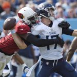 Arizona Cardinals linebacker Chandler Jones (55) sacks Tennessee Titans quarterback Ryan Tannehill (17) and forces a fumble that the Cardinals recovered in the second half of an NFL football game Sunday, Sept. 12, 2021, in Nashville, Tenn. (AP Photo/Mark Zaleski)