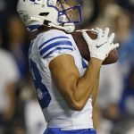 BYU wide receiver Gunner Romney catches a touchdown pass against Arizona State during the first half of an NCAA college football game Saturday, Sept. 18, 2021, in Provo, Utah. (AP Photo/Rick Bowmer)