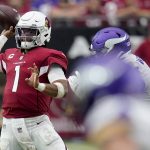 Arizona Cardinals quarterback Kyler Murray (1) throws against the Minnesota Vikings during the second half of an NFL football game, Sunday, Sept. 19, 2021, in Glendale, Ariz. (AP Photo/Ross D. Franklin)
