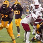 Arizona State defensive lineman Shannon Forman (97) celebrates a defensive stop against Southern Utah during the first half of an NCAA college football game, Thursday, Sept. 2, 2021, in Tempe, Ariz. (AP Photo/Matt York)