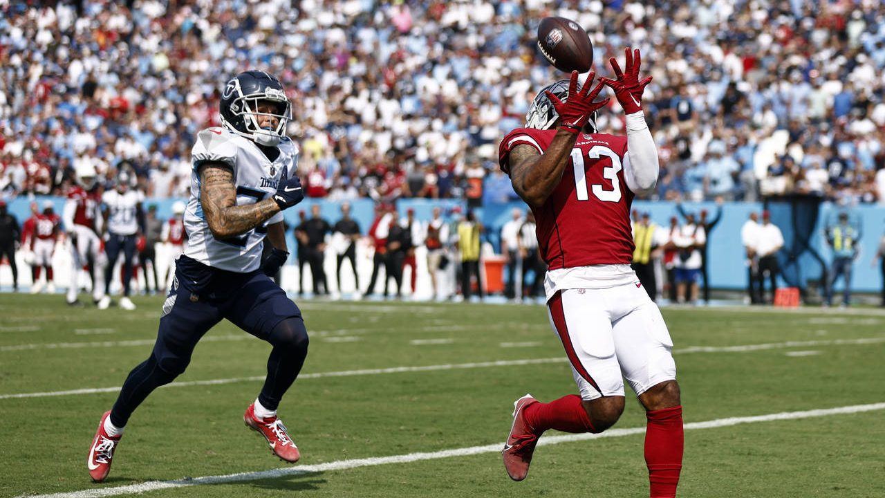 Arizona Cardinals wide receiver Christian Kirk (13) catches a 26-yard touchdown pass ahead of Tenne...