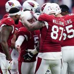 Arizona Cardinals kicker Matt Praterf (5), celebrates his field goal with teammates during the first half of an NFL football game against the Minnesota Vikings, Sunday, Sept. 19, 2021, in Glendale, Ariz. (AP Photo/Ross D. Franklin)