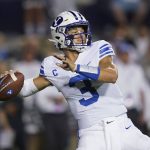 BYU quarterback Jaren Hall throws a pass during the first half of the team's NCAA college football game against Arizona State on Saturday, Sept. 18, 2021, in Provo, Utah. (AP Photo/Rick Bowmer)