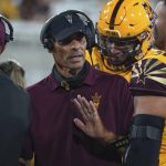 Arizona State head coach Hern Edwards talks to his offense during the second half of their game against Colorado in an NCAA college football game Sat, Sept 25, 2021, in Tempe, Ariz. (AP Photo/Darryl Webb)
