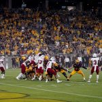 Southern Utah blocks a pointer after attempt by Arizona State punter Logan Tyler (17) during the first half of an NCAA college football game, Thursday, Sept. 2, 2021, in Tempe, Ariz. (AP Photo/Matt York)