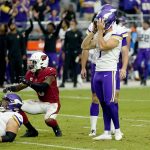 Minnesota Vikings kicker Greg Joseph (1) reacts to missing a game-winning field goal attempt against the Arizona Cardinals during the second half of an NFL football game, Sunday, Sept. 19, 2021, in Glendale, Ariz. The Cardinals won 34-33. (AP Photo/Ross D. Franklin)