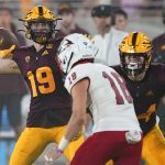 Arizona State wide receiver Ricky Pearsall (19) throws for a completion against Southern Utah during the first half of an NCAA college football game, Thursday, Sept. 2, 2021, in Tempe, Ariz. (AP Photo/Matt York)