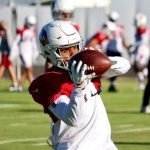 Arizona Cardinals WR Rondale Moore makes a catch during practice Thursday, Oct. 14, 2021, in Tempe. (Tyler Drake/Arizona Sports)