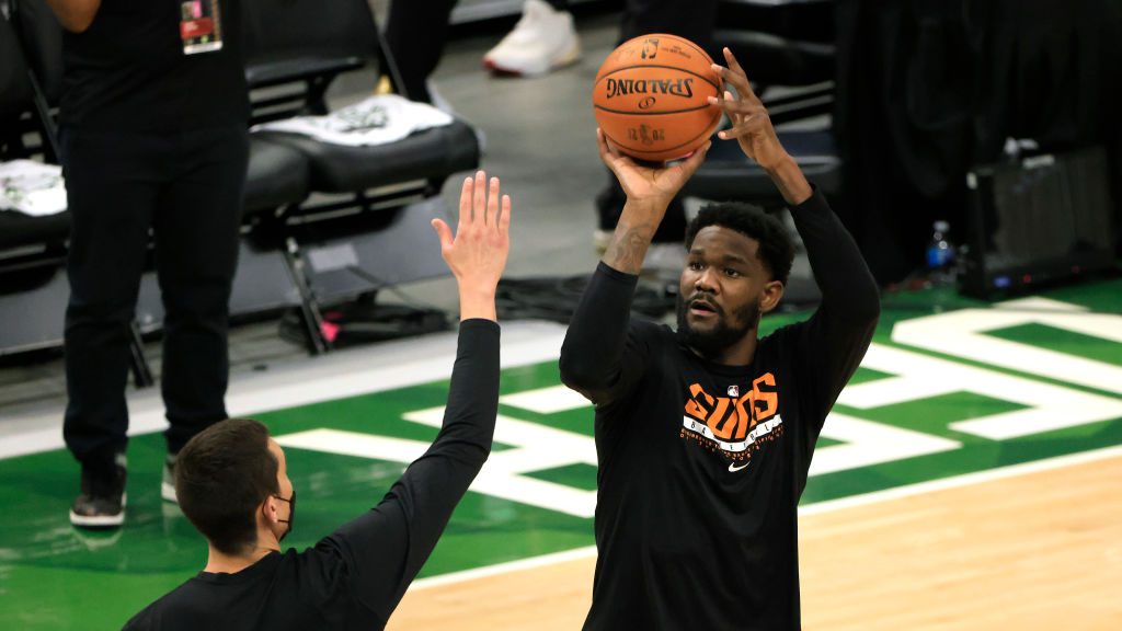 Deandre Ayton #22 of the Phoenix Suns warms up before Game Six of the NBA Finals against the Milwau...