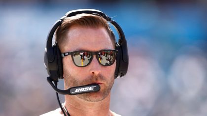 Head coach Kliff Kingsbury of the Arizona Cardinals looks on during the second quarter in the game ...