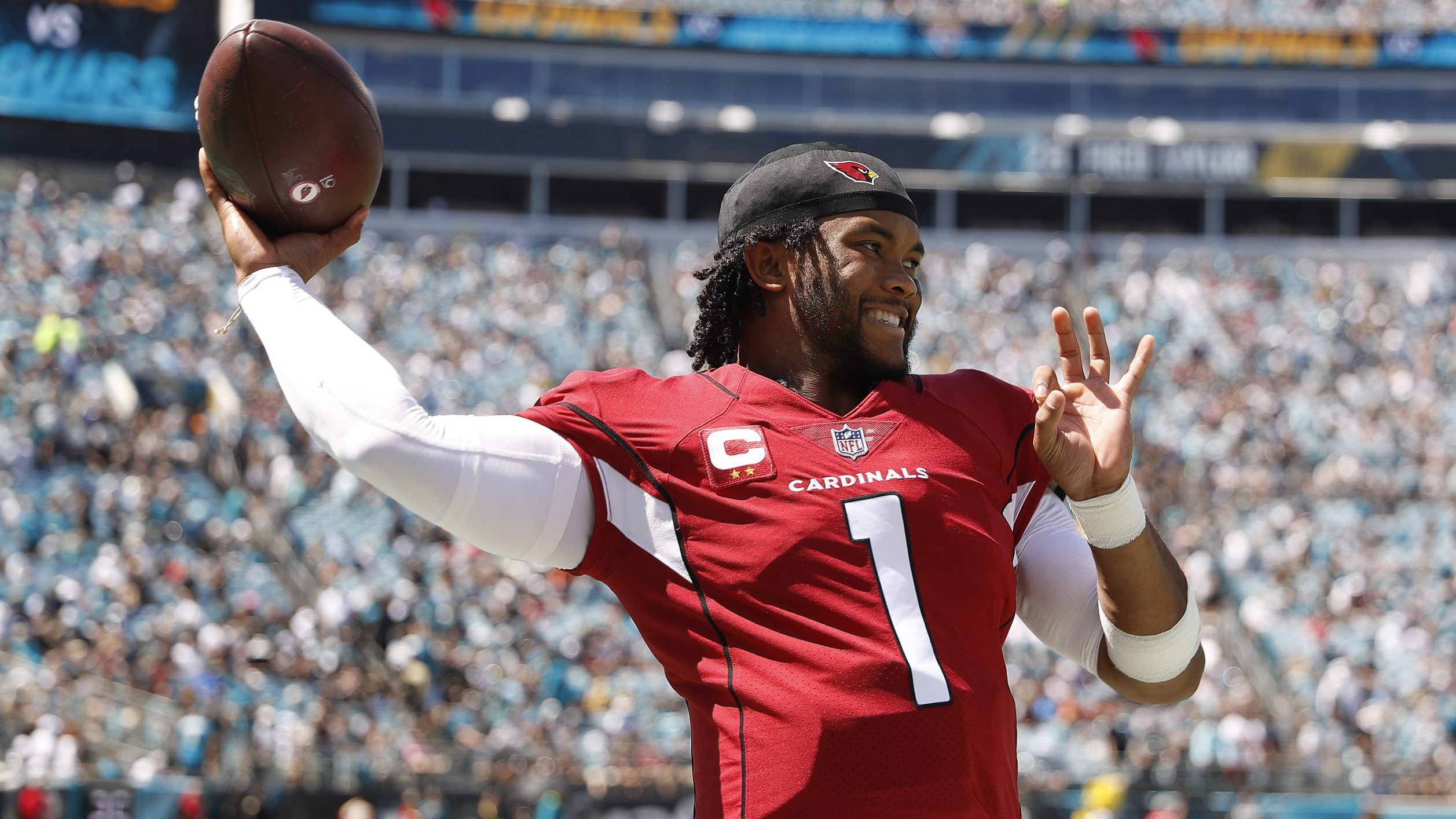 Kyler Murray #1 of the Arizona Cardinals throws the ball before the game against the Jacksonville J...