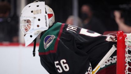 Goaltender Anson Thornton #56 of the Arizona Coyotes looks down ice during the third period of the ...