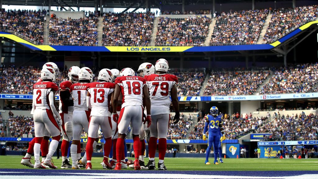 A general view of an Arizona Cardinals huddle in the fourth quarter against the Los Angeles Rams at...