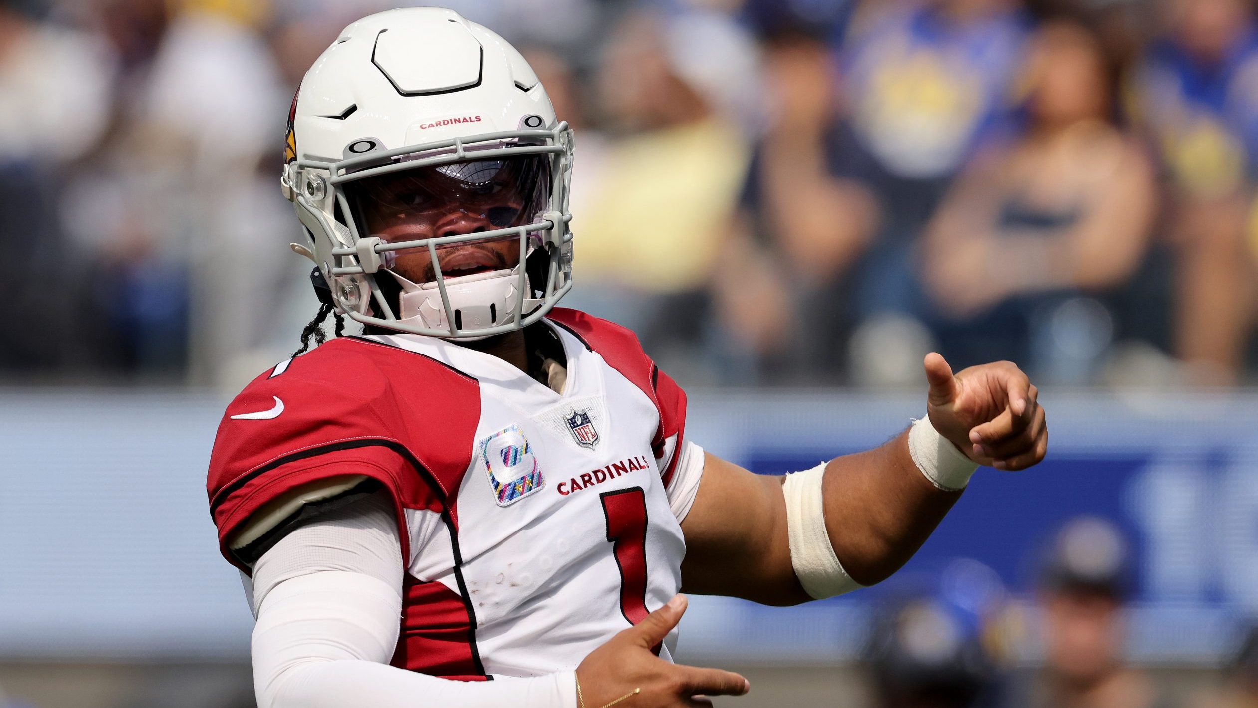 Kyler Murray #1 of the Arizona Cardinals calls a play during a 37-20 win over the Los Angeles Rams ...