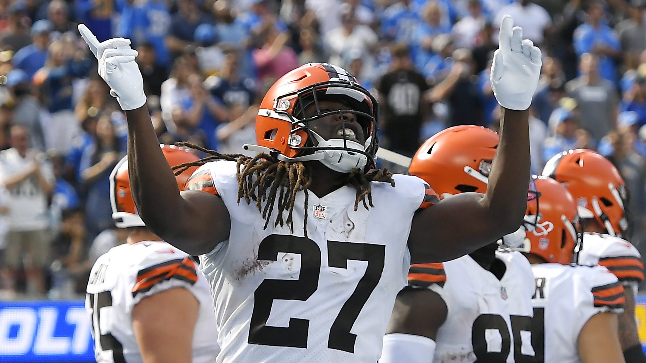 Kareem Hunt #27 of the Cleveland Browns celebrates after running for a touchdown during the second ...