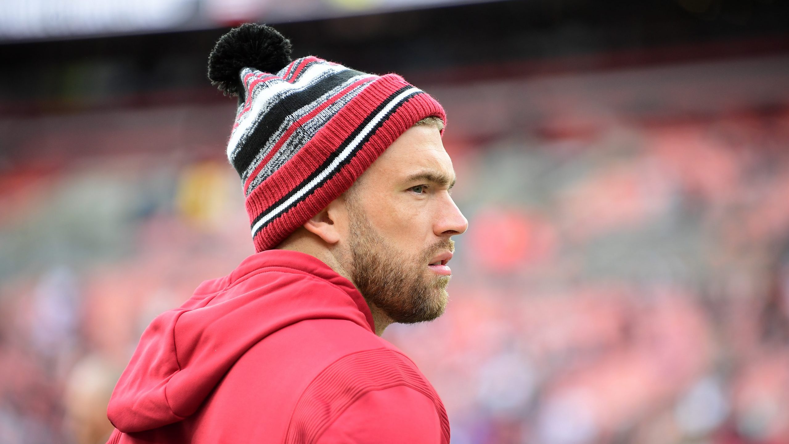 Zach Ertz of the Arizona Cardinals looks on prior to the game against the Cleveland Browns at First...