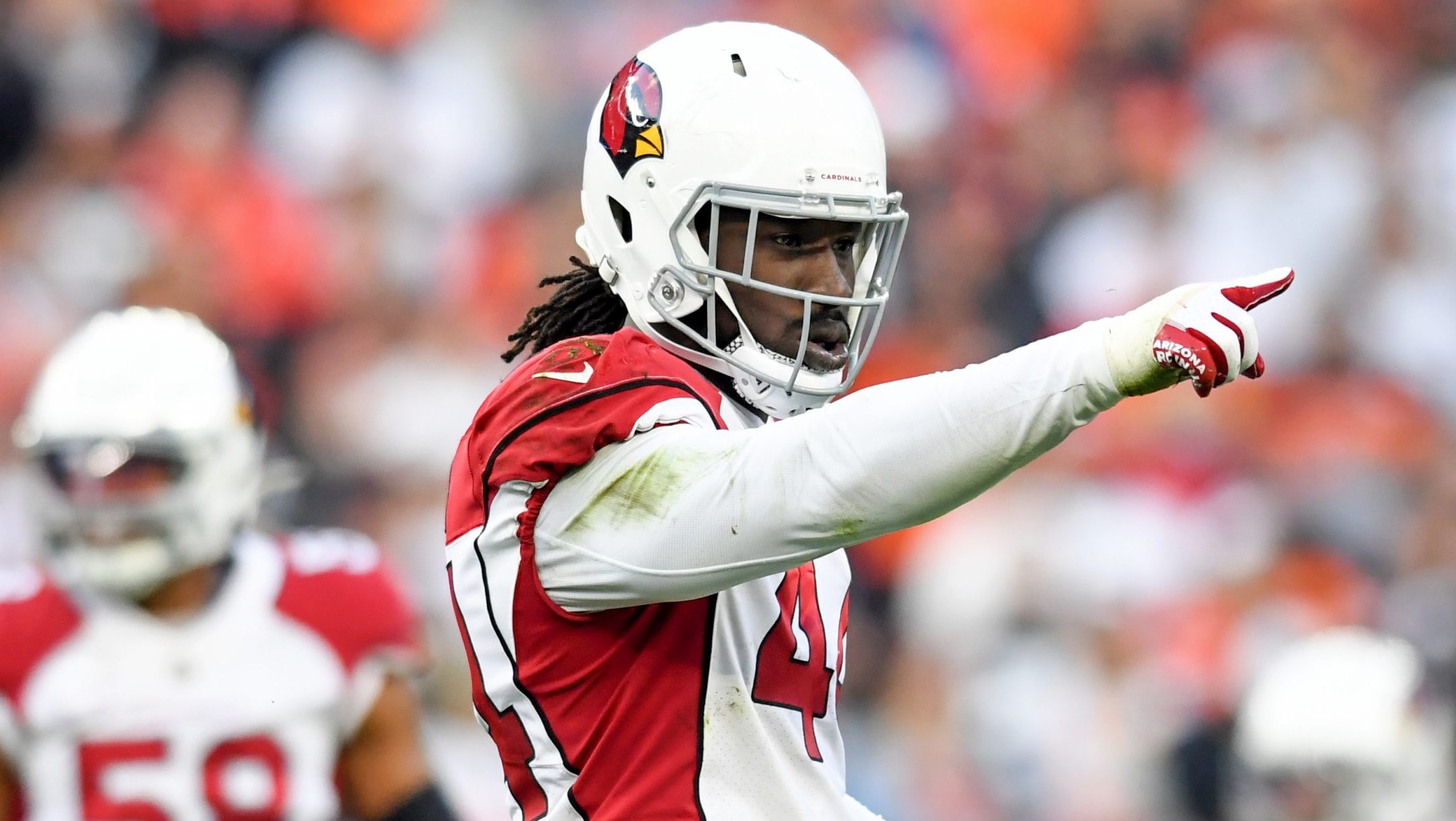 Markus Golden #44 of the Arizona Cardinals celebrates a sack in the third quarter against the Cleve...