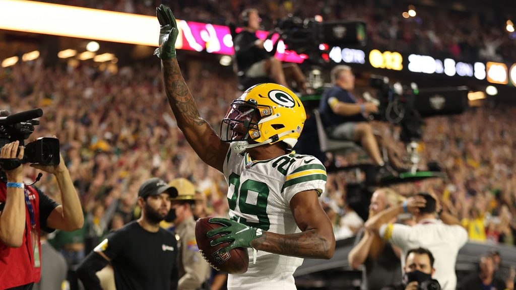 Rasul Douglas #29 of the Green Bay Packers celebrates following an interception during the fourth q...