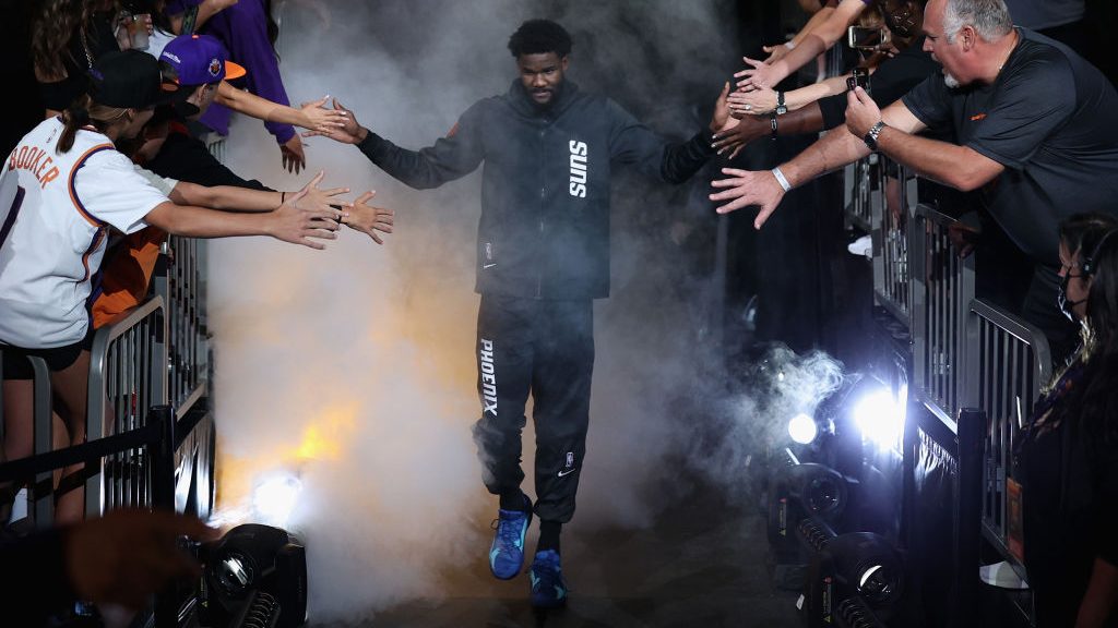 Deandre Ayton #22 of the Phoenix Suns is introduced before the NBA game at Footprint Center on Octo...