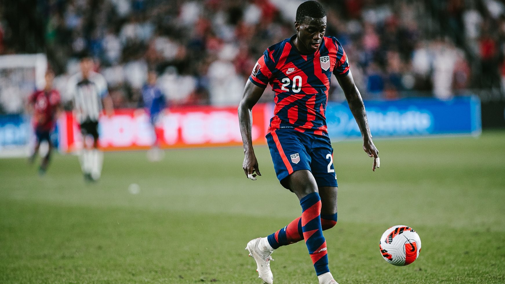 Tim Weah of the USMNT in a 2-1 victory over Costa Rica in a World Cup qualifier on Oct. 13, 2021 in...