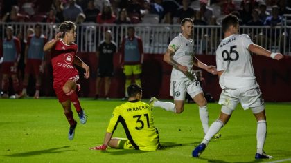 Phoenix Rising FC midfielder Arturo Rodriguez (left) scores against Tacoma Defiance in a 1-1 draw a...