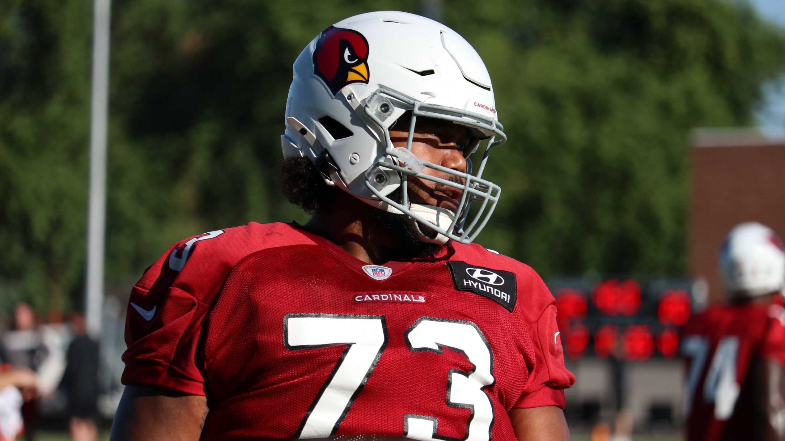 Arizona Cardinals center Max Garcia warms up ahead of practice Friday, Oct. 1, 2021, in Tempe. (Tyl...