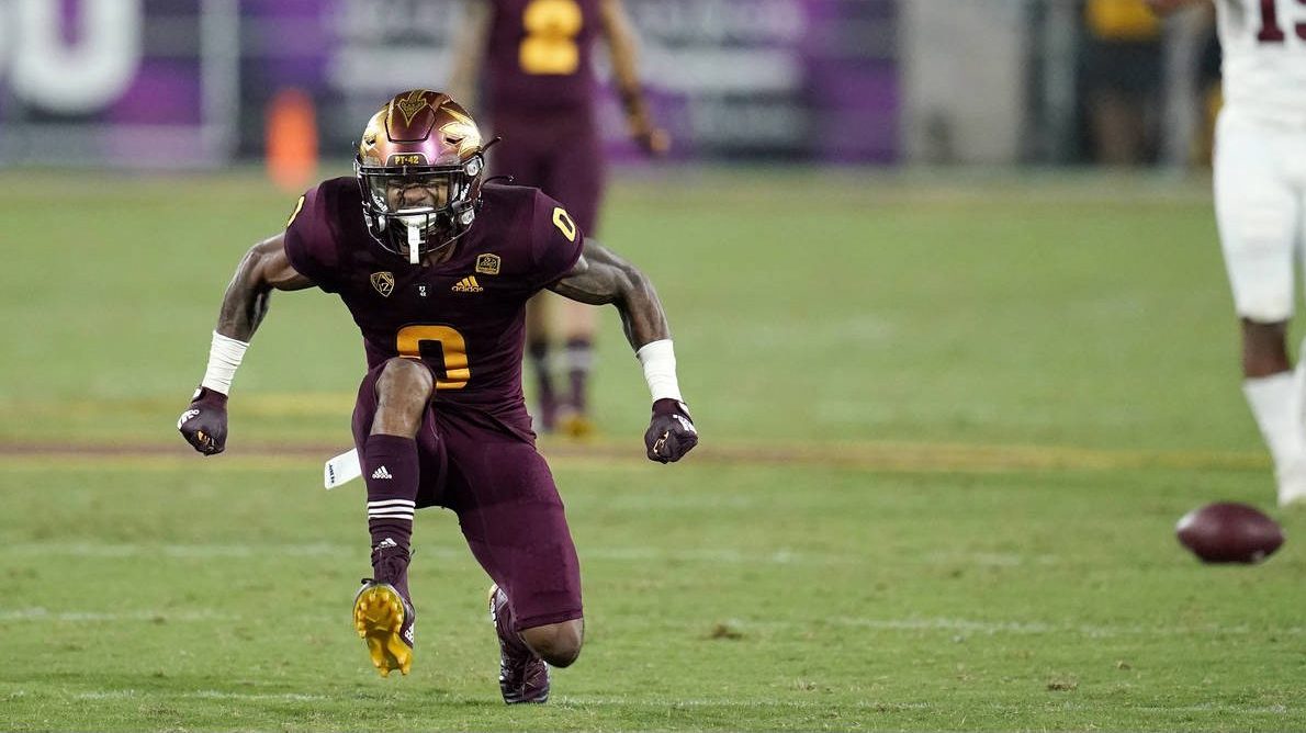 Arizona State defensive back Jack Jones (0) stomps the ground after missing an interception opportu...