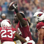 Arizona Cardinals linebacker Markus Golden (44) celebrates his fumble recovery against the Houston Texans during the first half of an NFL football game, Sunday, Oct. 24, 2021, in Glendale, Ariz. (AP Photo/Darryl Webb)