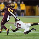 Arizona State wide receiver Andre Johnson (82) gets past Stanford cornerback Kyu Blu Kelly (17) during the first half of an NCAA college football game Friday, Oct. 8, 2021, in Tempe, Ariz. (AP Photo/Ross D. Franklin)