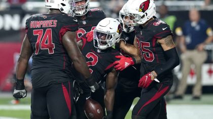 Arizona Cardinals running back Chase Edmonds (2) celebrates his touchdown with teammates during the...