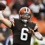 Cleveland Browns quarterback Baker Mayfield throws during the first half of an NFL football game against the Arizona Cardinals, Sunday, Oct. 17, 2021, in Cleveland. (AP Photo/Ron Schwane)