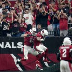 Arizona Cardinals tight end Zach Ertz (86) celebrates his touchdown against the Houston Texans with running back James Conner during the second half of an NFL football game, Sunday, Oct. 24, 2021, in Glendale, Ariz. (AP Photo/Ross D. Franklin)