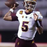 Arizona State quarterback Jayden Daniels throws a pass during the first half of the team's NCAA college football game against Utah on Saturday, Oct. 16, 2021, in Salt Lake City. (AP Photo/Rick Bowmer)